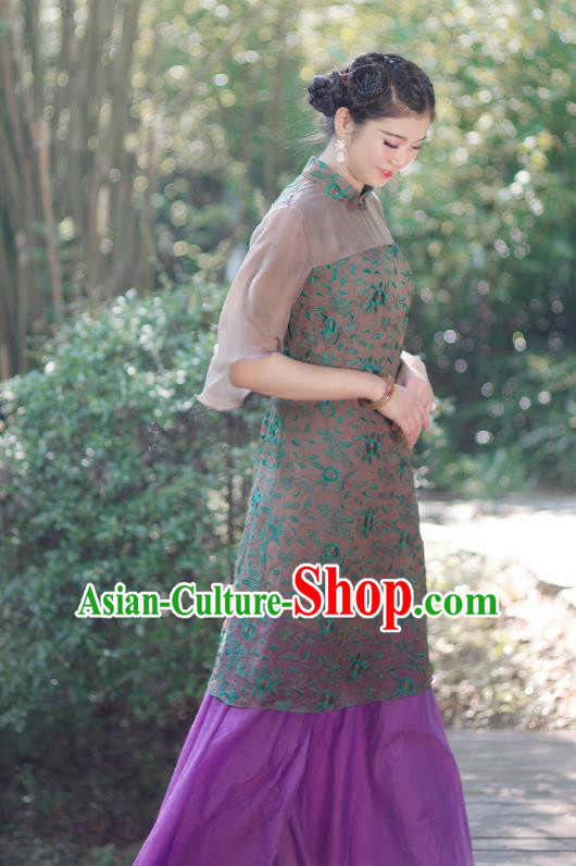 Asian China National Costume Hanfu Printing Silk Qipao Dress, Traditional Chinese Tang Suit Cheongsam Clothing for Women