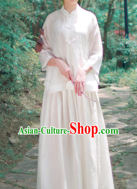 Asian China National Costume Hanfu Plated Buttons Qipao White Shirts Upper Outer Garment, Traditional Chinese Tang Suit Cheongsam Blouse for Women