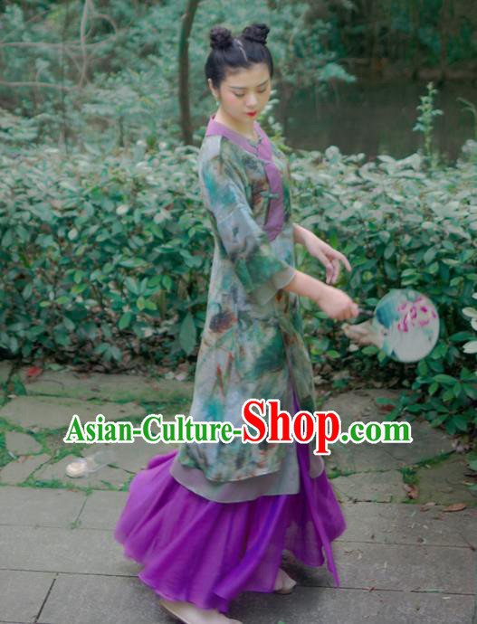 Asian China National Costume Hanfu Plated Buttons Printing Green Silk Qipao Dress, Traditional Chinese Tang Suit Cheongsam Clothing for Women