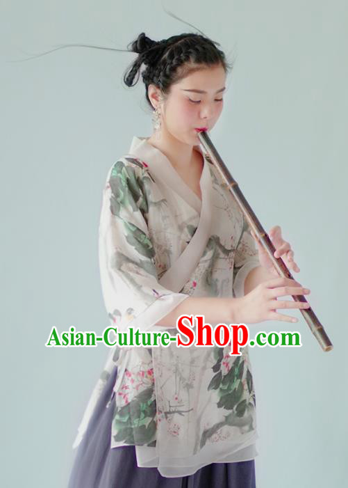 Asian China National Costume Hanfu Slant Opening Printing Peony Flowers Silk Qipao Blouse, Traditional Chinese Tang Suit Cheongsam Shirts Clothing for Women