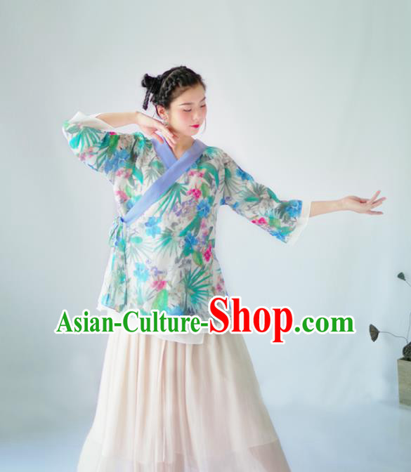 Asian China National Costume Hanfu Slant Opening Printing Green Flowers Silk Qipao Blouse, Traditional Chinese Tang Suit Cheongsam Shirts Clothing for Women