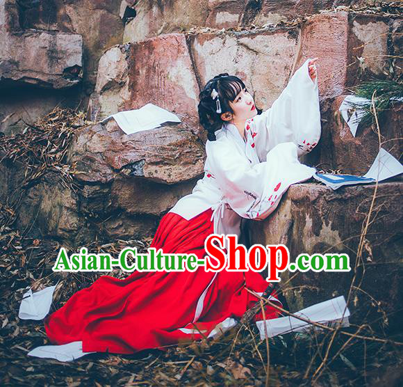 Asian China Ming Dynasty Young Lady Embroidered Blouse and Skirt, Traditional Ancient Chinese Princess Elegant Hanfu Clothing for Women