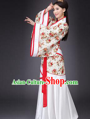 Asian China Ancient Han Dynasty Palace Lady Costume, Traditional Chinese Hanfu Embroidered Curve Bottom Clothing for Women