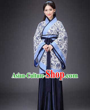 Asian China Ancient Han Dynasty Palace Lady Costume, Traditional Chinese Hanfu Embroidered Blue Curve Bottom Clothing for Women