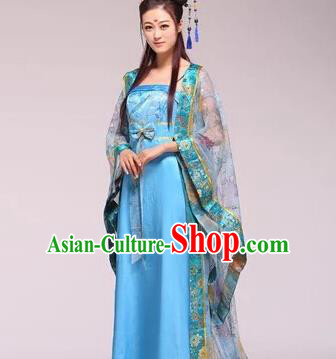 Asian China Ancient Tang Dynasty Imperial Consort Fairy Costume, Traditional Chinese Empress Embroidered Blue Tailing Dress Clothing for Women