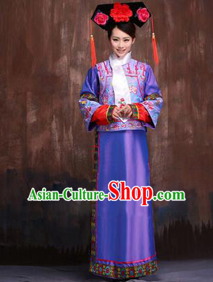 Traditional Ancient Chinese Imperial Consort Costume, Chinese Qing Dynasty Manchu Lady Purple Dress Embroidered Clothing for Women
