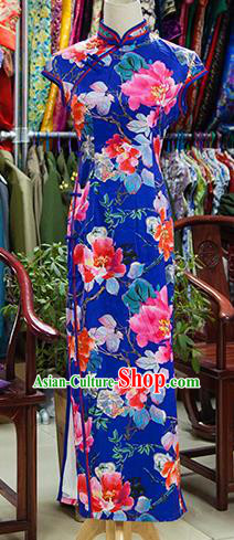 Traditional Ancient Chinese Republic of China Cheongsam, Asian Chinese Chirpaur Printing Flowers Blue Qipao Dress Clothing for Women