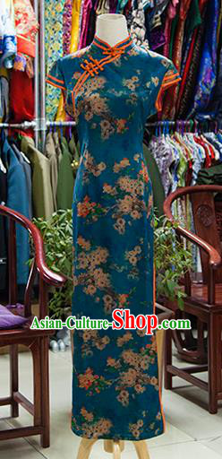 Traditional Ancient Chinese Republic of China Printing Cheongsam, Asian Chinese Chirpaur Peacock Green Qipao Dress Clothing for Women