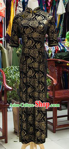 Traditional Ancient Chinese Republic of China Black Cheongsam, Asian Chinese Chirpaur Qipao Dress Clothing for Women