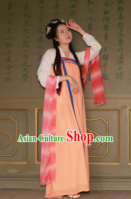 Traditional Ancient Chinese Imperial Princess Hanfu Costume, Asian China Tang Dynasty Palace Lady Orange Dress Clothing for Women