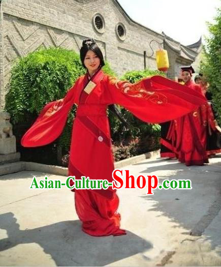 Traditional Chinese Ancient Palace Lady Wedding Costume Complete Set, Asian China Han Dynasty Princess Red Curve Bottom Clothing for Women