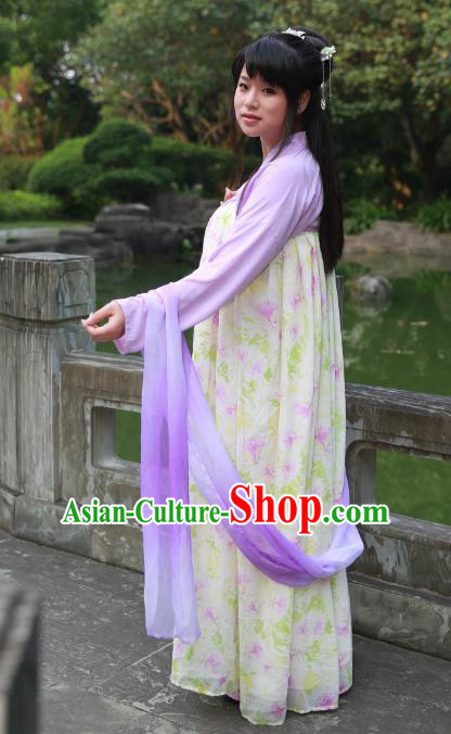 Traditional Ancient Chinese Imperial Princess Hanfu Printing Costume, Asian China Tang Dynasty Palace Lady Yellow Dress Clothing for Women