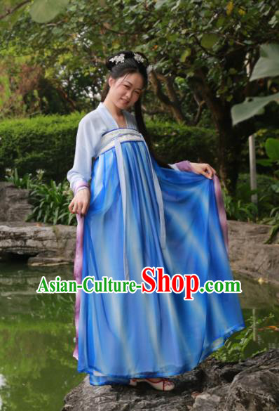 Traditional Ancient Chinese Imperial Princess Hanfu Blue Costume, Asian China Tang Dynasty Palace Lady Dress Clothing for Women