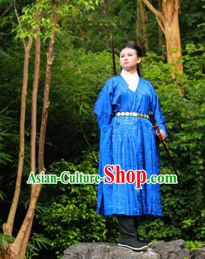 Traditional Ancient Chinese Imperial Bodyguard Hanfu Costume, Asian China Ming Dynasty Swordsman Blue Robe Clothing for Men