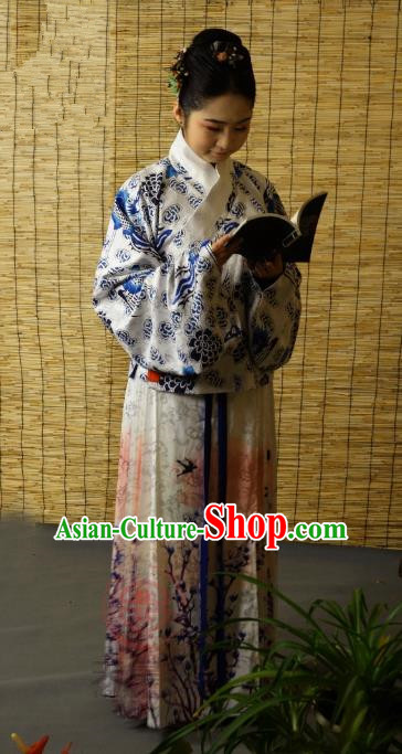 Traditional Chinese Ancient Young Lady Printing Blue Costume, Asian China Ming Dynasty Imperial Concubine Hanfu Clothing for Women