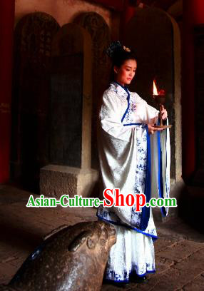 Traditional Chinese Ancient Palace Lady Costume Blue and White Porcelain Curve Bottom, Asian China Han Dynasty Imperial Concubine Hanfu Dress Clothing for Women