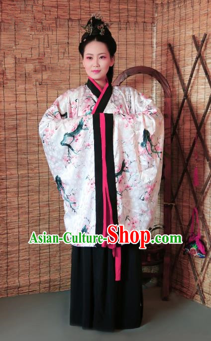 Traditional Chinese Ancient Young Lady Costume Printing Pink Curve Bottom, Asian China Han Dynasty Imperial Concubine Hanfu Clothing for Women