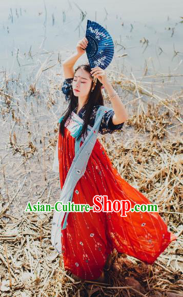 Traditional Chinese Ancient Costume Palace Lady Red Slip Skirt, Asian China Tang Dynasty Imperial Princess Hanfu Dress Clothing for Women