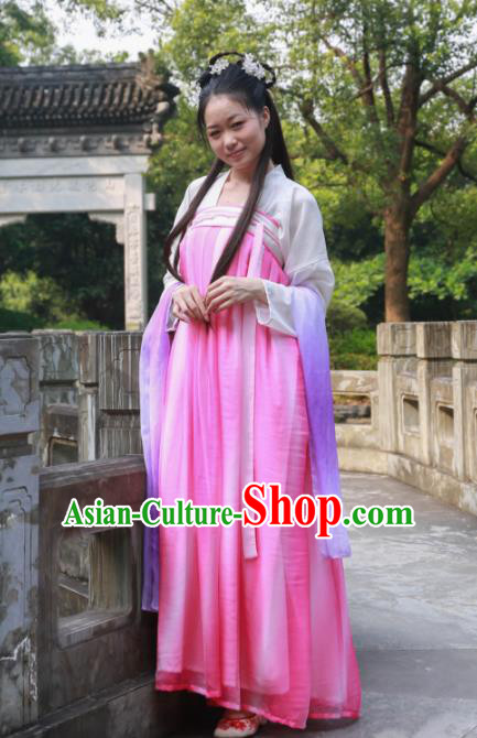 Traditional Ancient Chinese Princess Hanfu Costume, Asian China Tang Dynasty Palace Lady Rosy Dress Clothing for Women