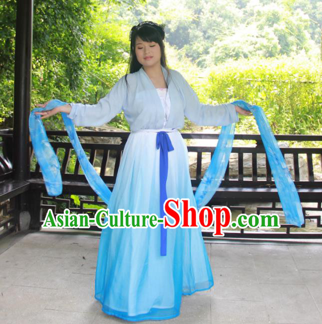 Traditional Ancient Chinese Princess Hanfu Costume, Asian China Tang Dynasty Palace Lady Blue Dress Clothing for Women