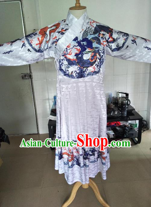 Traditional Ancient Chinese Swordsman Hanfu Costume White Embroidered Robe, Asian China Ming Dynasty Emperor Clothing for Men