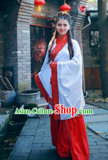 Traditional Chinese Ancient Palace Lady Costume White Embroidered Curve Bottom, Asian China Han Dynasty Imperial Concubine Hanfu Dress Clothing for Women