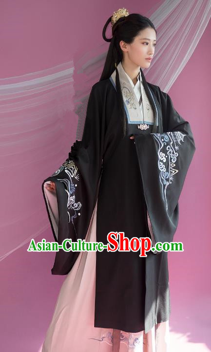 Traditional Ancient Chinese Palace Lady Hanfu Costume Black Embroidered Cloak, Asian China Ming Dynasty Princess Cardigan Clothing for Women