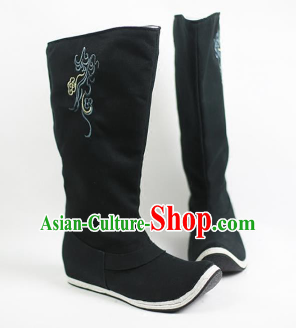 Traditional Ancient Chinese Hanfu Black Embroidered Boots, Asian China Tang Dynasty Minister Shoes for Men