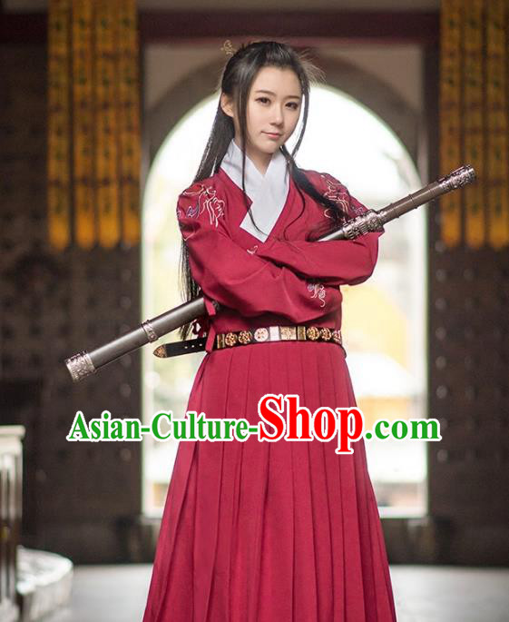 Traditional Ancient Chinese Swordsman Hanfu Costume Embroidered Red Robe, Asian China Ming Dynasty Imperial Guards Clothing for Women