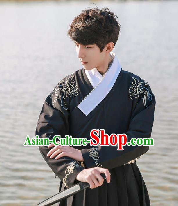 Traditional Ancient Chinese Swordsman Hanfu Costume Embroidered Black Robe, Asian China Ming Dynasty Imperial Guards Clothing for Men