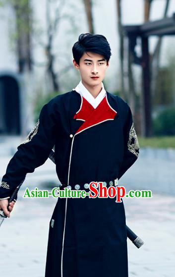 Traditional Ancient Chinese Swordsman Hanfu Costume Black Embroidered Robe, Asian China Tang Dynasty Imperial Bodyguard Clothing for Men