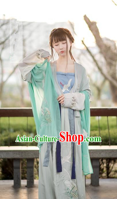 Traditional Ancient Chinese Young Lady Embroidered Green Costume Complete Set, Asian China Tang Dynasty Princess Hanfu Clothing for Women