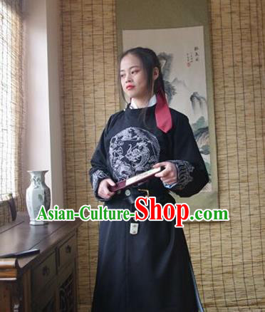 Traditional Ancient Chinese Swordsman Hanfu Costume Embroidered Black Robe, Asian China Tang Dynasty Imperial Guards Clothing for Women