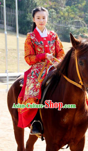 Traditional Ancient Chinese Swordsman Hanfu Costume Embroidered Red Robe, Asian China Ming Dynasty Imperial Guards Clothing for Women