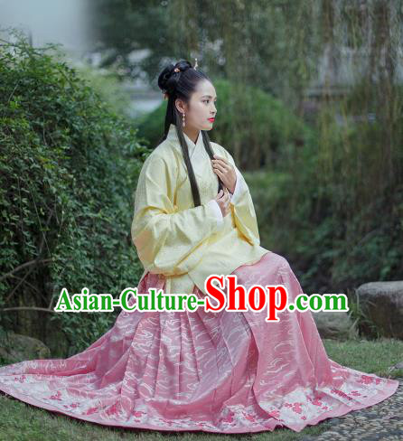 Traditional Chinese Ancient Costume Palace Lady Embroidered Yellow Blouse and Skirt, Asian China Ming Dynasty Princess Hanfu Dress Clothing for Women