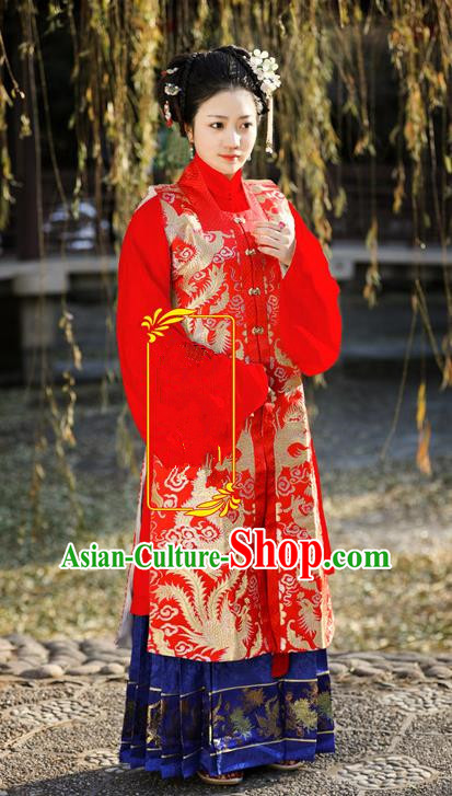 Traditional Chinese Ancient Costume Imperial Concubine Embroidered Red Vest Blouse and Skirt, Asian China Ming Dynasty Palace Lady Clothing for Women