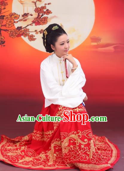 Traditional Chinese Ancient Costume Princess Embroidered Blouse and Red Skirt Complete Set, Asian China Ming Dynasty Hanfu Clothing for Women