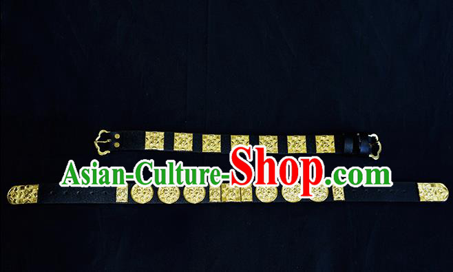 Traditional Ancient Chinese Hanfu Black Belts, Asian China Ming Dynasty Imperial Guards Leather Waistband for Men