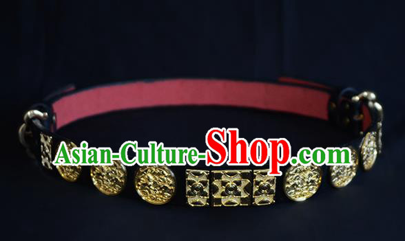 Traditional Ancient Chinese Hanfu Emperor Black Belts, Asian China Ming Dynasty Imperial Guards Leather Waistband for Men