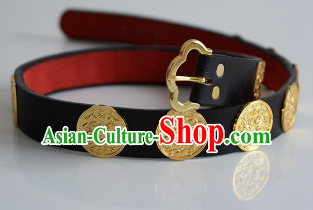 Traditional Ancient Chinese Hanfu Emperor Black Belts, Asian China Tang Dynasty Imperial Guards Leather Waistband for Men