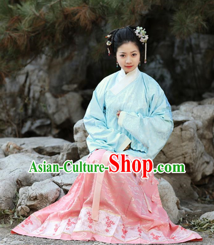 Traditional Chinese Ancient Costume Princess Blouse and Pink Skirt, Asian China Ming Dynasty Palace Lady Hanfu Clothing for Women