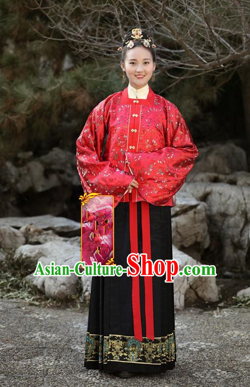 Traditional Chinese Ancient Costume Princess Red Embroidered Blouse and Skirt, Asian China Ming Dynasty Palace Lady Hanfu Clothing for Women