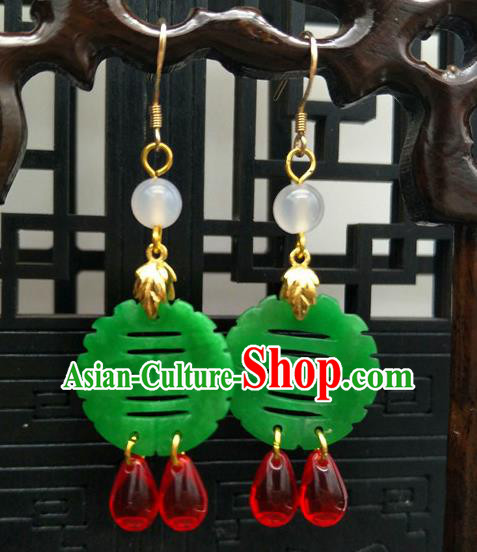 Traditional Handmade Chinese Ancient Classical Hanfu Wedding Accessories Eardrop Green Jade Tassel Earrings for Women