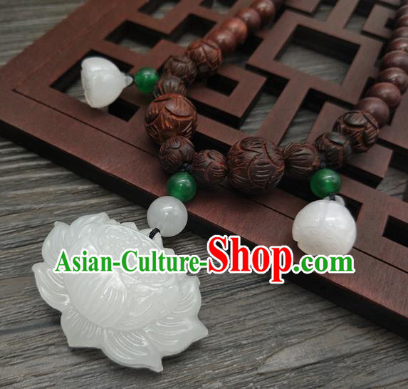 Traditional Handmade Chinese Ancient Classical Jade Lotus Necklace Accessories Queen Sandalwood Beads Necklet for Women