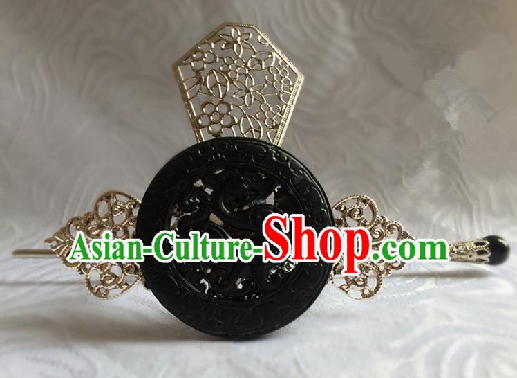 Traditional Handmade Chinese Ancient Classical Hair Accessories Qin Dynasty Emperor Dragons Jade Tuinga Hairdo Crown Hairpins for Men