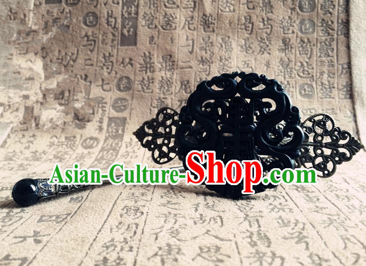 Traditional Handmade Chinese Ancient Classical Hair Accessories Qin Dynasty Emperor Black Jade Tuinga Hairdo Crown Hairpins for Men