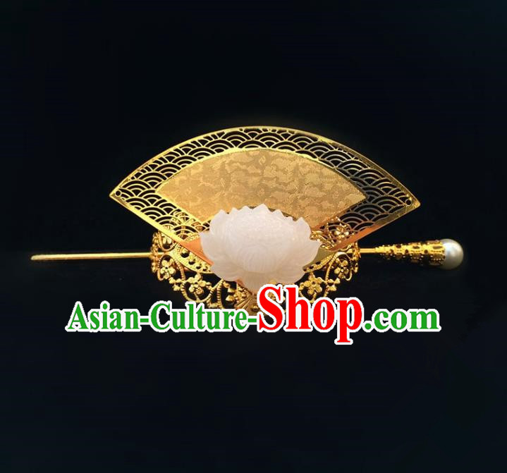 Traditional Handmade Chinese Ancient Classical Hair Accessories Qin Dynasty Nobility Childe Jade Golden Tuinga Hairdo Crown Hairpins for Men