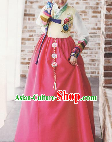 Traditional Korean Costumes Bride Formal Attire Ceremonial Yellow Blouse and Full Dress, Korea Hanbok Court Embroidered Clothing for Women