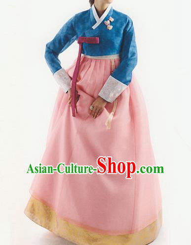 Traditional Korean Costumes Bride Formal Attire Ceremonial Peacock Blue Blouse and Full Dress, Korea Hanbok Court Embroidered Clothing for Women