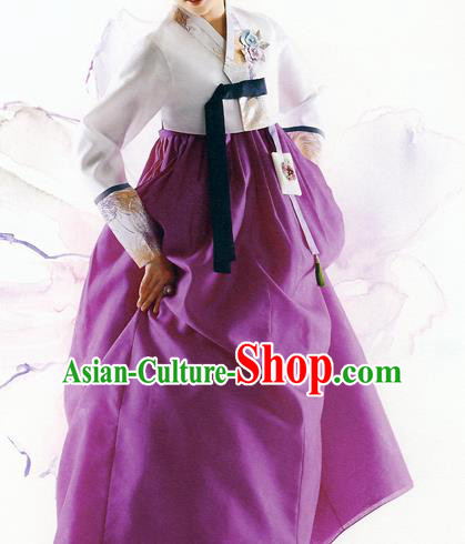 Traditional Korean Costumes Bride Formal Attire Ceremonial White Blouse and Purple Dress, Korea Hanbok Court Embroidered Clothing for Women